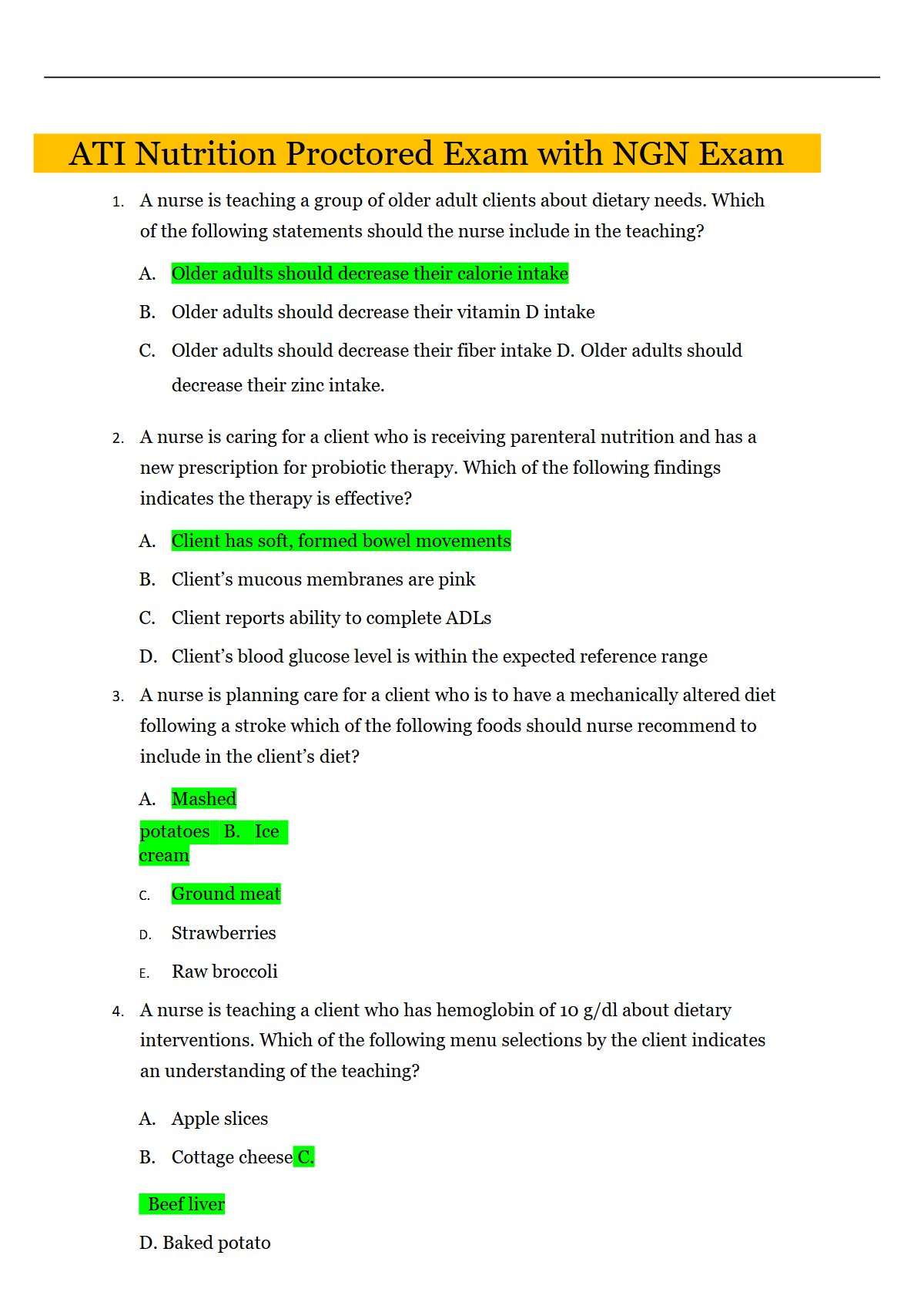 ATI RN Nutrition 2023/2026 | Actual Study Questions and Practice Test (Screenshot Q&A)