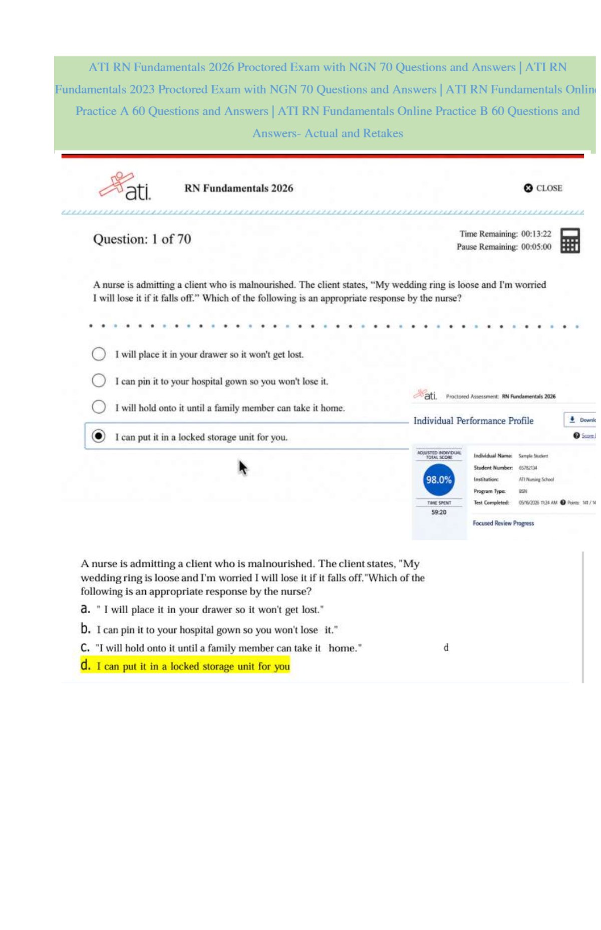 ATI RN Fundamentals 2023/2026 | Actual Study Questions and Practice Test (Screenshot Q&A)
