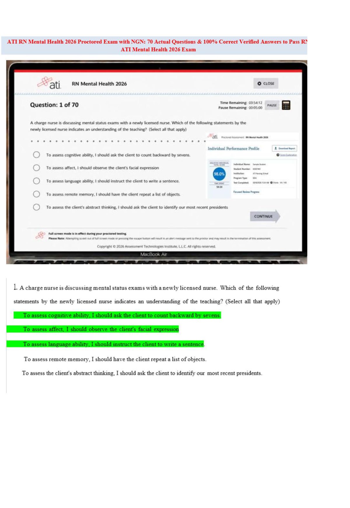 Verified ATI RN Mental Health 2023/2026 NGN | 70 Screenshot Questions and Answers