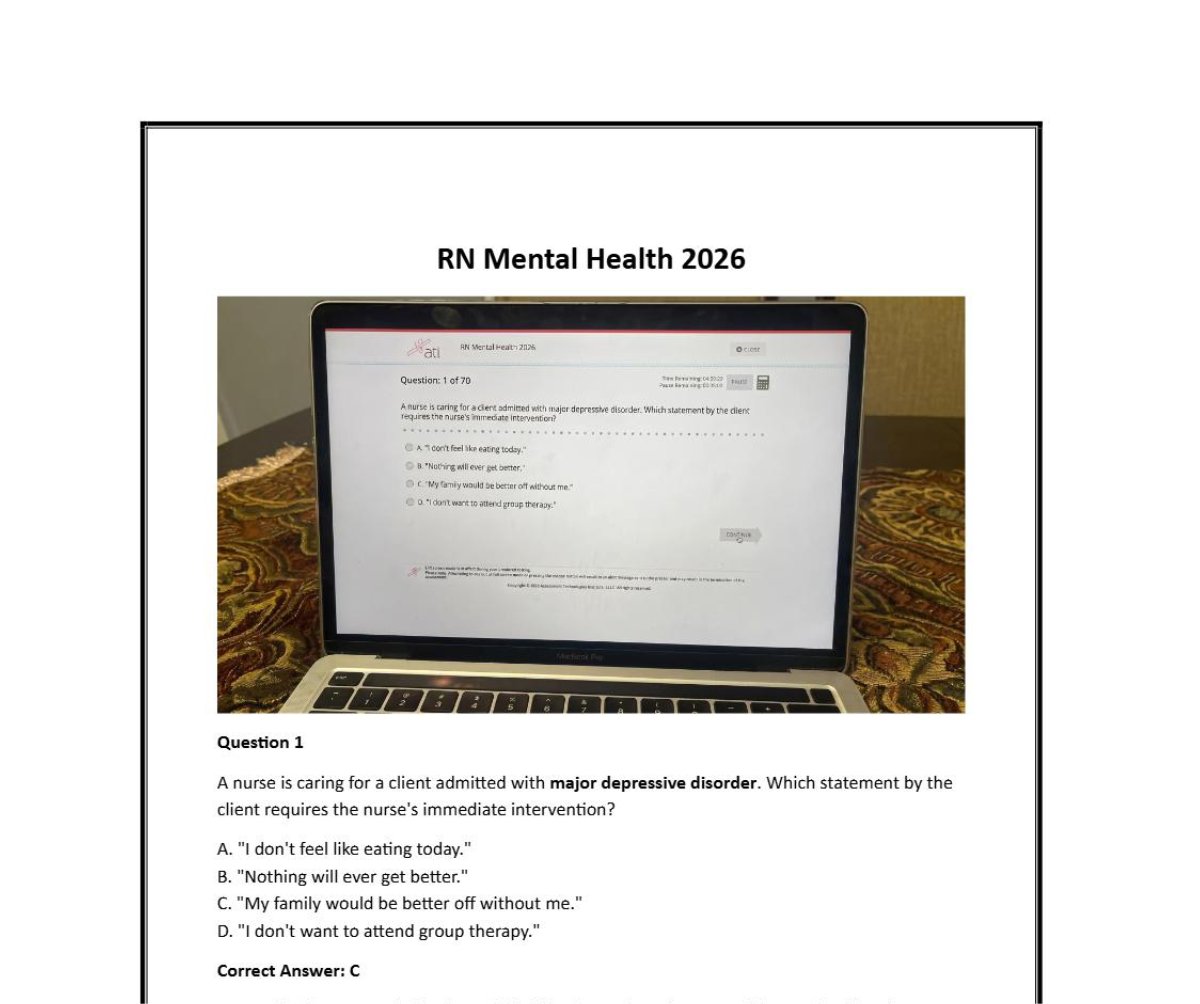 Verified ATI RN Mental Health 2023/2026 NGN | 70 Screenshot Questions and Answers